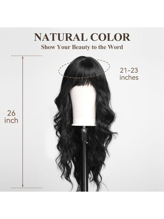 Women\'s Black Heat Resistant Long Curly Wavy Synthetic Wig with Bangs Size 26In main image 6